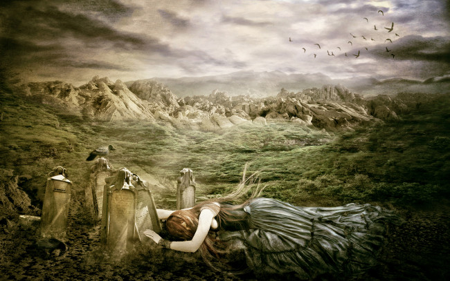 Обои картинки фото разное, компьютерный дизайн, фоне, птицы, девушка, памятник