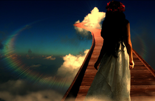 Обои картинки фото разное, компьютерный дизайн, радуга, небо, дорога, девушка, фон