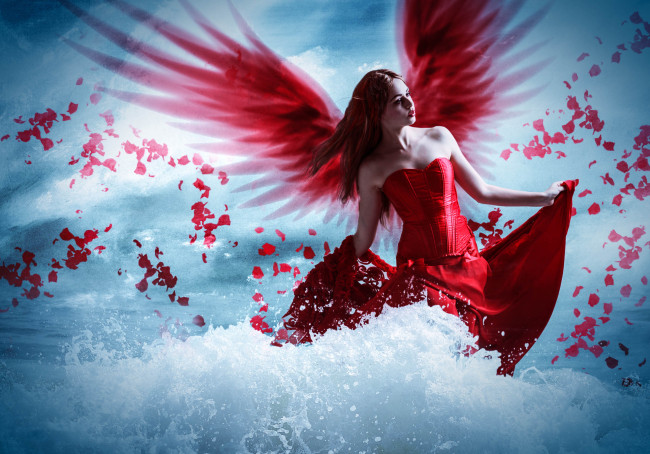 Обои картинки фото фэнтези, фотоарт, фон, волна, девушка, крылья, платье