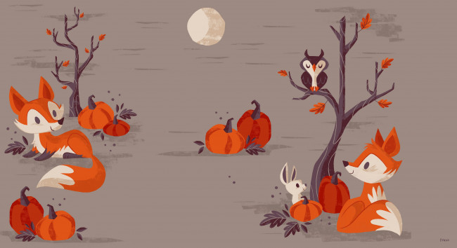 Обои картинки фото векторная графика, другое , other, хэллоуин, вектор, луна, арт, лисичка, тыква, детская, ночь, праздник