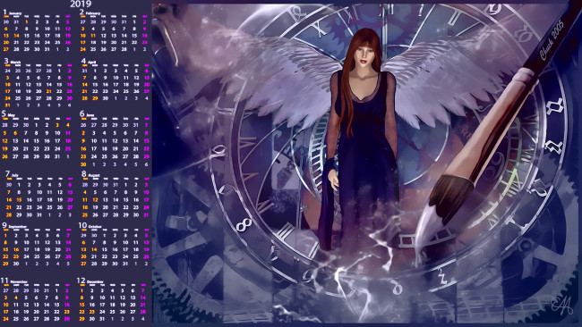 Обои картинки фото календари, фэнтези, кисть, крылья, девушка