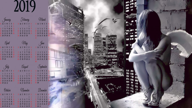 Обои картинки фото календари, фэнтези, птица, крылья, девушка, здание, город