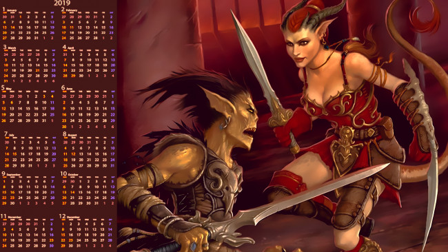 Обои картинки фото календари, фэнтези, женщина, существо, поединок, оружие