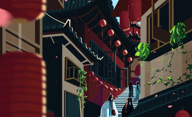 Обои картинки фото аниме, mo dao zu shi, лань, ванцзы, вэй, усянь, улица, город
