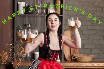 Картинка праздничные день+святого+патрика брюнетка косы тату бокалы пиво надпись