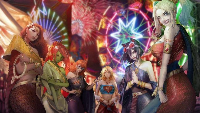 Обои картинки фото рисованное, комиксы, poison, ivy, batgirl, bat, family, supergirl, catwoman, harley, quinn