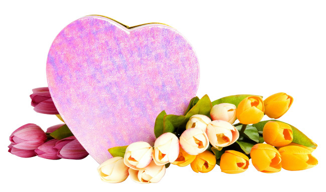Обои картинки фото праздничные, подарки и коробочки, коробка, сердечко, подарок, тюльпаны, цветы