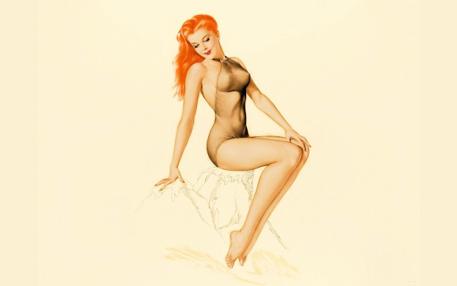 Обои картинки фото рисованное, alberto vargas, рыжая, боди