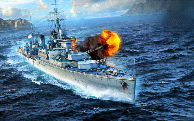 Обои картинки фото видео игры, world of warships, корабль, огонь, выстрел, море, скалы