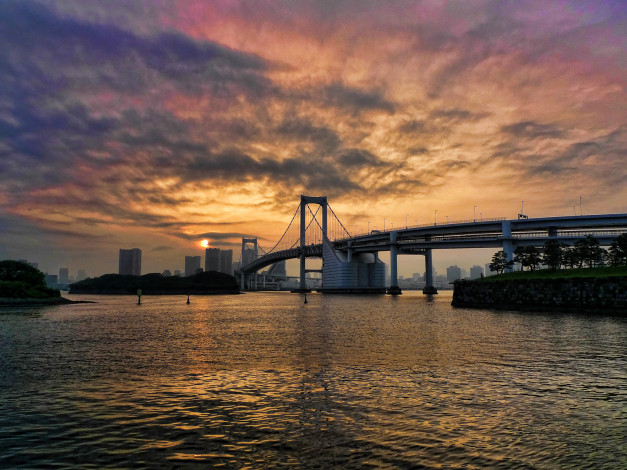 Обои картинки фото города, мосты, мост, закат, вода