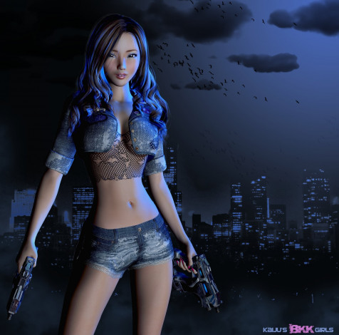 Обои картинки фото 3д, графика, people, люди, девушка, город, ночь, облака, птицы