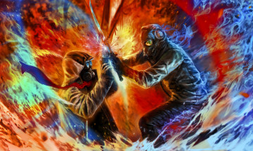 Картинка фэнтези люди арт романтика апокалипсиса бой меч противогазы