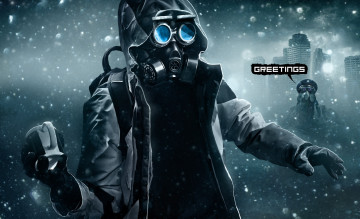 Картинка фэнтези люди противогаз чашка куртка капюшон арт парень