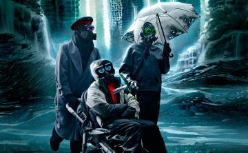 Картинка фэнтези люди противогазы парни трое романтика апокалипсиса арт