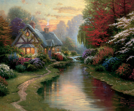 Обои картинки фото a quiet evening, рисованные, thomas kinkade, коттедж, ручей, закат, вечер