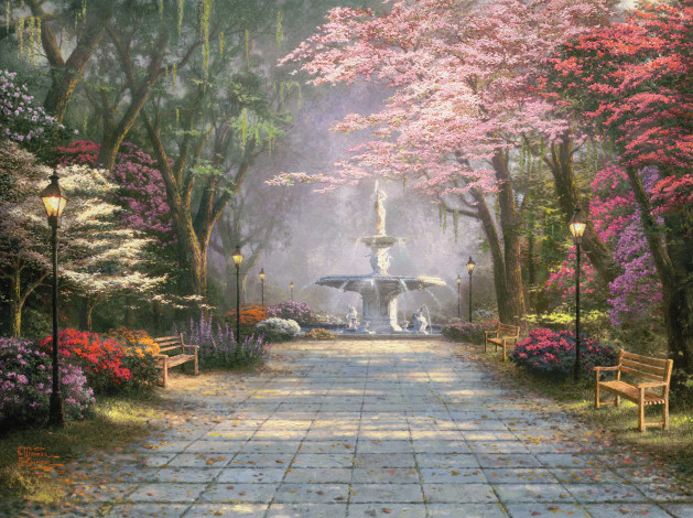 Обои картинки фото savannah romance, рисованные, thomas kinkade, парк, аллея, фонарь, фонтан, цветы