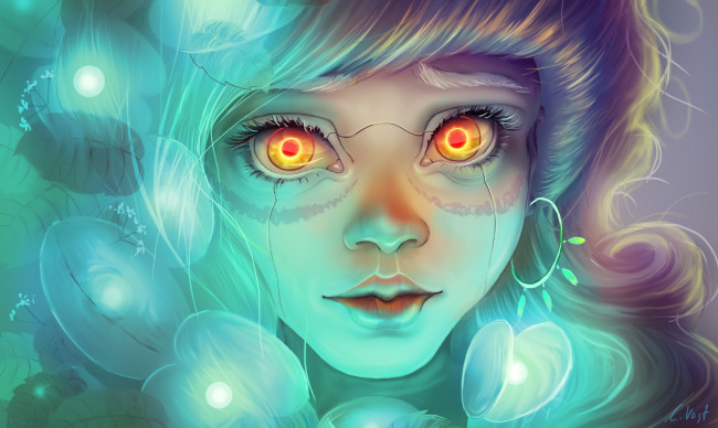 Обои картинки фото фэнтези, роботы,  киборги,  механизмы, девушка, листья, лицо, киборг