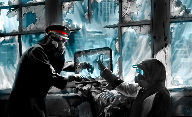 Обои картинки фото фэнтези, люди, капюшон, куртка, парень, арт, романтика, апокалипсиса, телефон, противогаз