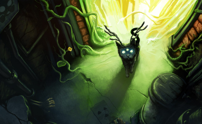 Обои картинки фото фэнтези, существа, комната, рука, кости, арт, существо, кот