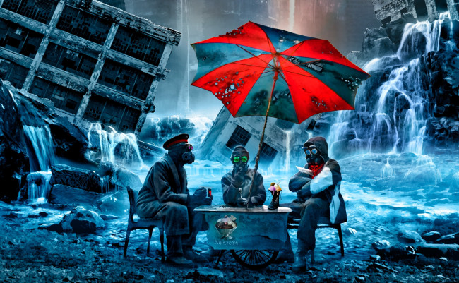 Обои картинки фото фэнтези, люди, зонтик, сапог, романтика, апокалипсиса, арт, мороженное