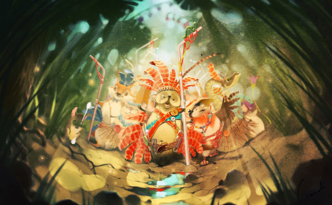 Обои картинки фото фэнтези, существа, джунгли, перья, звери, лес