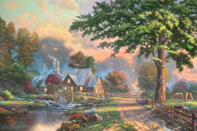 Обои картинки фото simpler times, рисованные, thomas kinkade, деревня, дом, лошадь, река, ручей