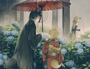 Картинка аниме животные +существа пара поиски зонтик мальчики