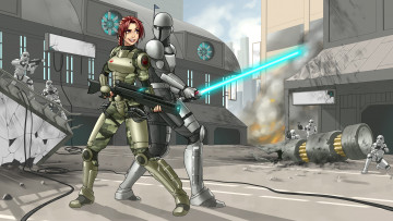 Картинка фэнтези _star+wars mirax kunlao stormtrooper фантастика улыбка рыжая шлем девушка пушка lightsaber star wars fan art