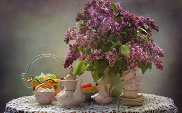 Картинка еда натюрморт сирень чашки посуда мармелад сахар зефир