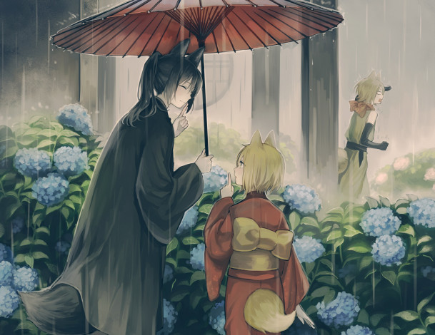 Обои картинки фото аниме, животные,  существа, пара, поиски, зонтик, мальчики