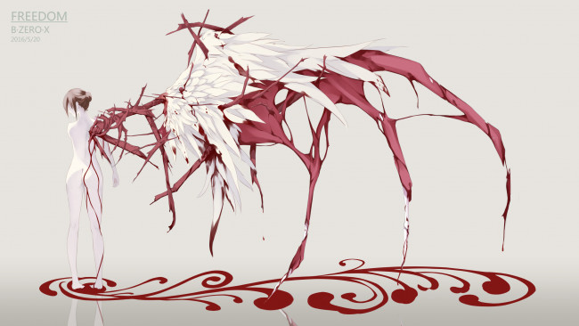 Обои картинки фото аниме, ангелы,  демоны, ангел, кровь, крыло