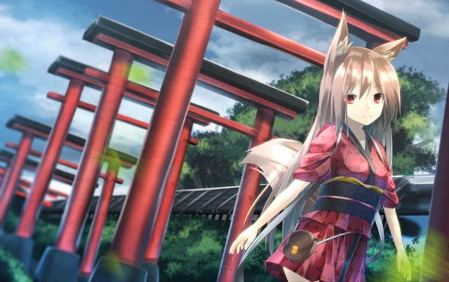 Обои картинки фото аниме, животные,  существа, лисичка