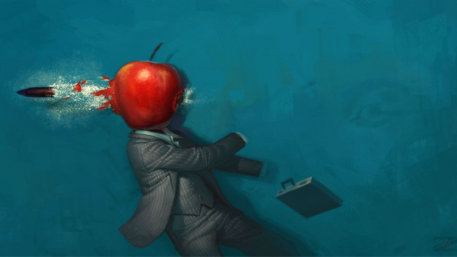 Обои картинки фото рисованное, - другое, портфель, костюм, яблоко, убийство, пуля