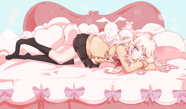 Обои картинки фото аниме, unknown,  другое, форма, чулки, постель, девушка