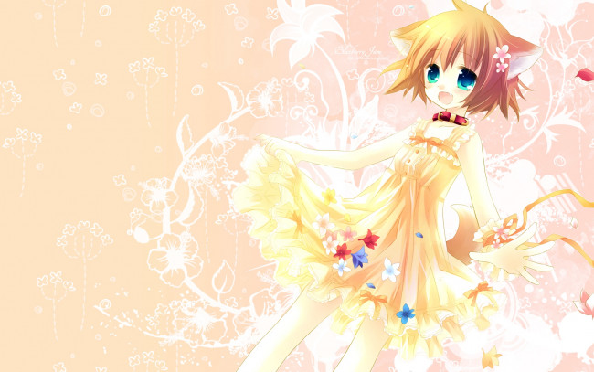 Обои картинки фото аниме, животные,  существа, девушка, фон, взгляд