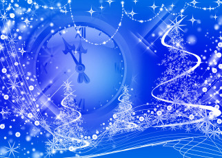 обоя праздничные, векторная графика , новый год, часы, снежинки