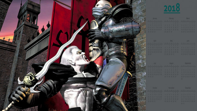 Обои картинки фото календари, видеоигры, вампир, оружие, замок, рыцарь