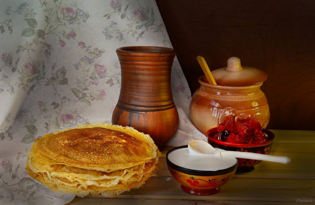Обои картинки фото еда, блины,  оладьи, сметана, варенье