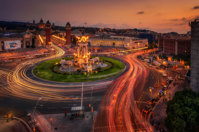 Обои картинки фото барселона, испания, города, - огни ночного города, площадь, город, огни, ночь