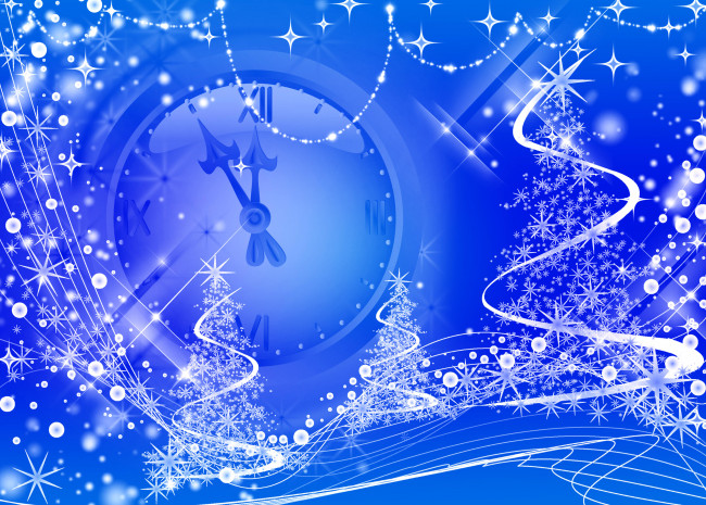 Обои картинки фото праздничные, векторная графика , новый год, часы, снежинки