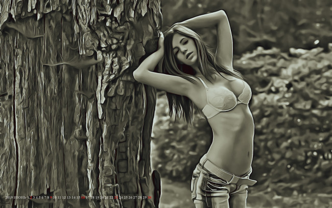 Обои картинки фото календари, компьютерный дизайн, дерево, девушка, поза, природа, calendar, взгляд