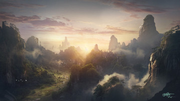 Картинка рисованное природа горы леса туман вечер закат облака небо