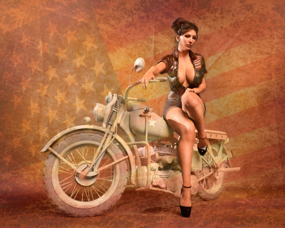 Обои картинки фото 3д графика, люди-авто, мото , people- car ,  moto, девушка, фон, взгляд, мотоцикл