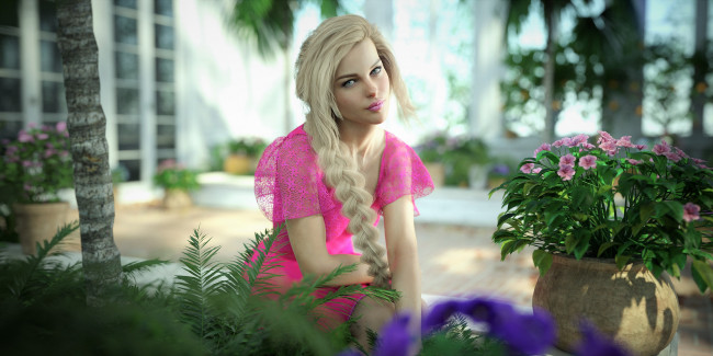 Обои картинки фото 3д графика, люди , people, девушка, фон, взгляд, цветы, горшок