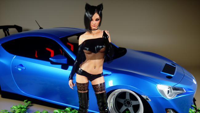 Обои картинки фото 3д графика, существа , creatures, девушка, фон, ушки, автомобиль