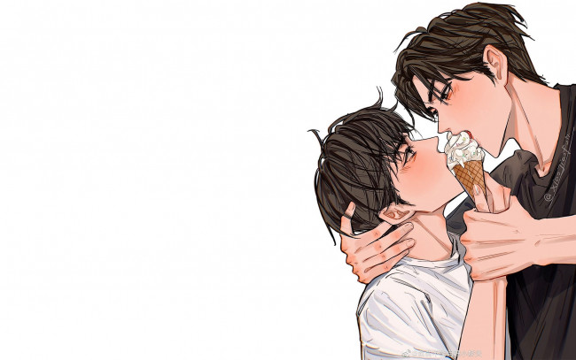 Обои картинки фото рисованное, люди, парни, мороженое