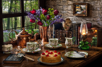 Картинка еда натюрморт букет книга лупа лампа чайник торт