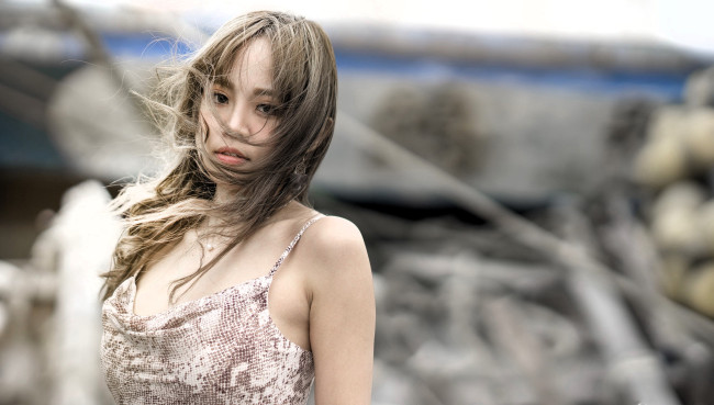Обои картинки фото девушки, - азиатки, русая, платье, ветер