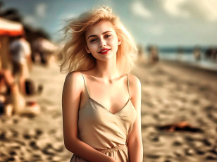 Картинка 3д+графика люди+ people девушка блондинка платье пляж