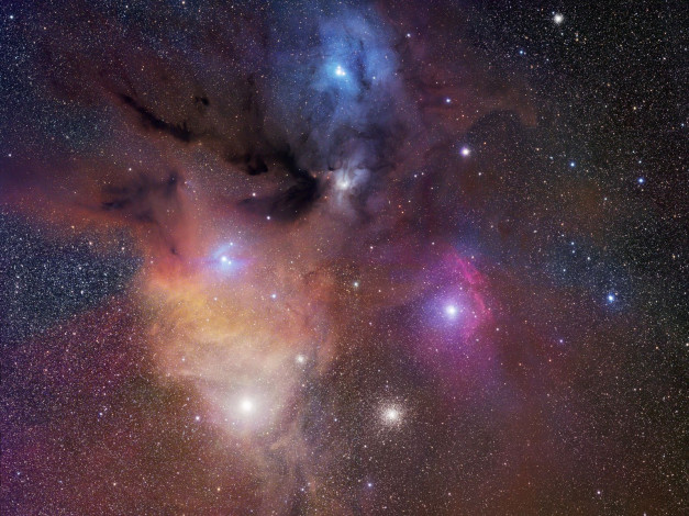 Обои картинки фото разноцветные, облака, около, ро, змееносца, космос, галактики, туманности